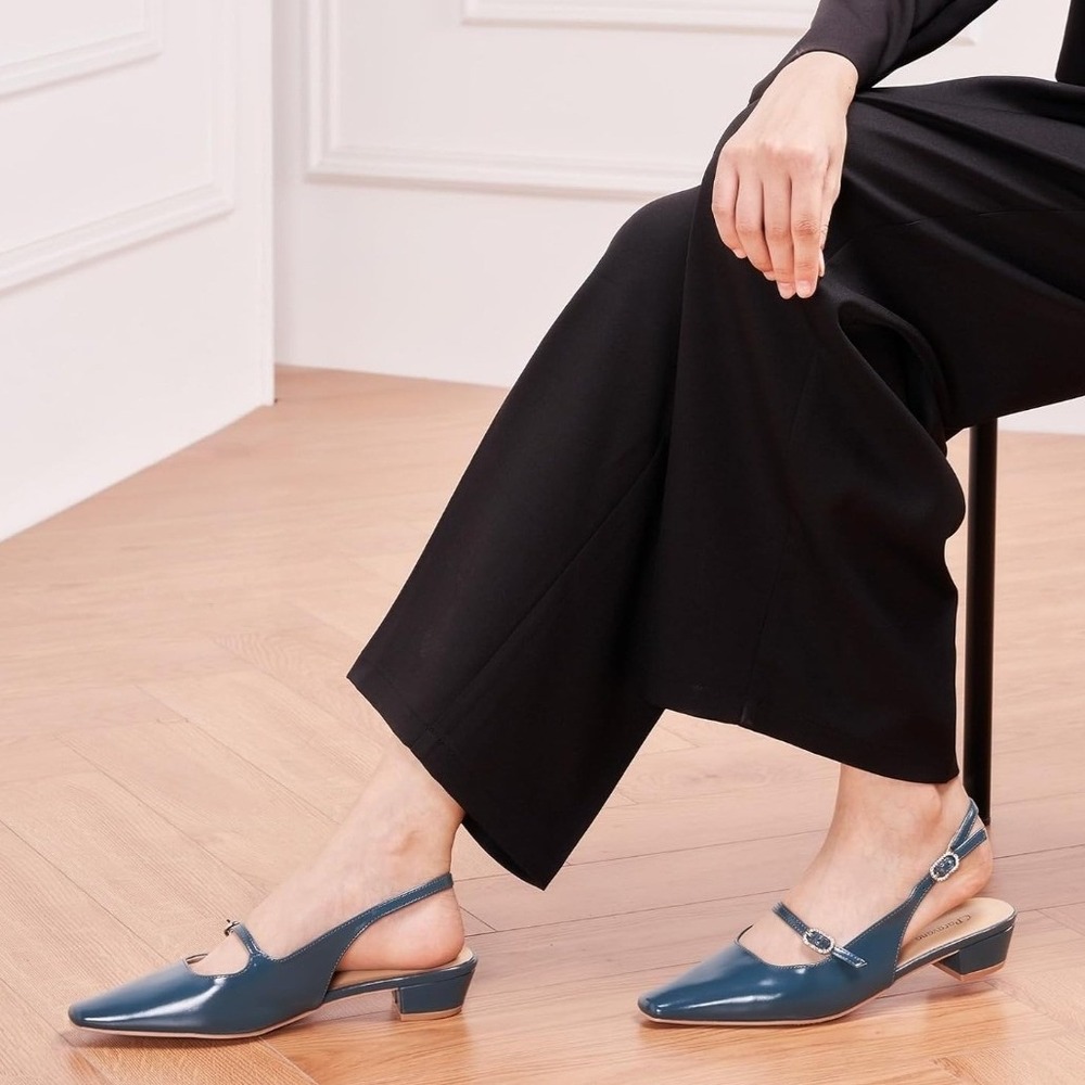 C.Paravano Teal Leather Slingback Mary Jane Block Heel Pumps Womens Size 8 NEW - Picture 3 of 12